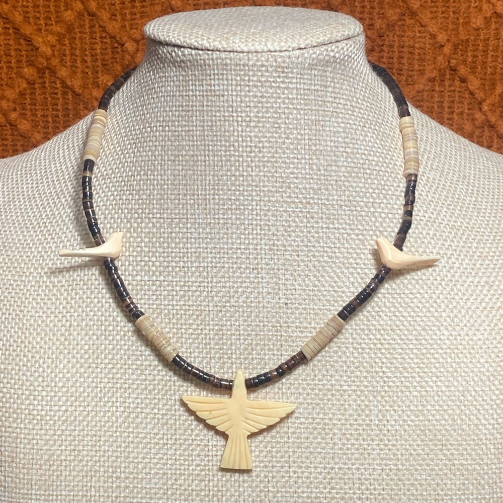 Vintage Heishi Shell Beaded Necklace With Hand Carved Thunderbird Pendant
